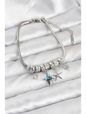 ® Pirinç Gümüş Renk Yıldız Model Charmlı Kadın Bileklik