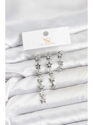 ® Pirinç Gümüş Renk Yıldız Model YSX Trio Küpe Seti