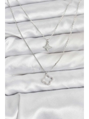 ® Pirinç Gümüş Renk Yonca Model 2li Kadın Kolye
