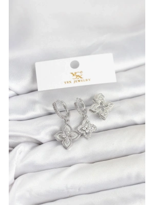 ® Pirinç Gümüş Renk Yonca Model YSX Trio Küpe Seti