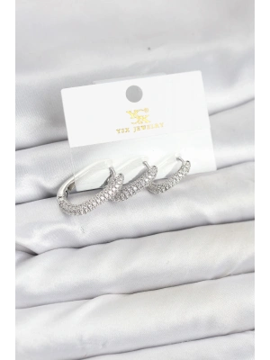 ® Pirinç Gümüş Renk Zirkon Taşlı Halka Model YSX Trio Küpe Seti