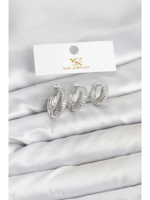 ® Pirinç Gümüş Renk Zirkon Taşlı Halka Model YSX Trio Küpe Seti