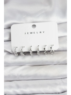 ® Pirinç Gümüş Renk Zirkon Taşlı Kadın Küpe Seti