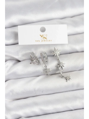 ® Pirinç Gümüş Renk Zirkon Taşlı Kutup Yıldızı Model YSX Trio Küpe Seti