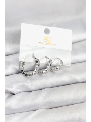 ® Pirinç Gümüş Renk Zirkon Taşlı Petek Halka Model YSX Trio Küpe Seti