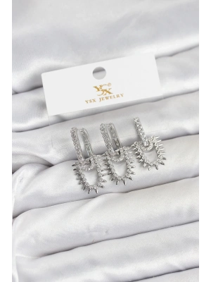® Pirinç Gümüş Renk Zirkon Taşlı Vintage Model YSX Trio Küpe Seti
