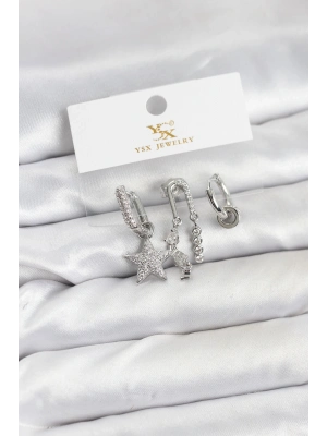 ® Pirinç Gümüş Renk Zirkon Taşlı Yıldız Vintage Model YSX Trio Küpe Seti