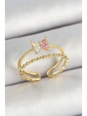 ® Pirinç Kelebek Figürlü Zirkon Taşlı Gold Renk Ayarlanabilir Kadın Yüzük