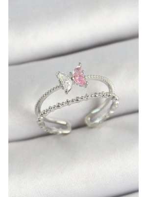 ® Pirinç Kelebek Figürlü Zirkon Taşlı Gümüş Renk Ayarlanabilir Kadın Yüzük
