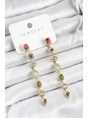 ® Pirinç Renkli Zirkon Taşlı Sallantılı Model Gold Renk Kadın Küpe