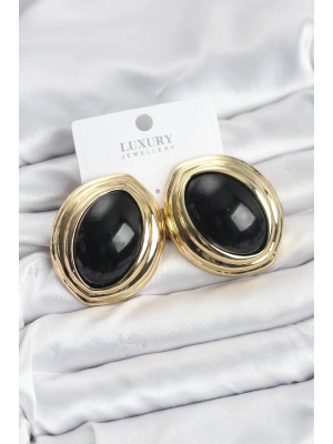 ® Pirinç Siyah Badem Model Vintage Gold Kadın Küpe