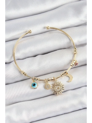 ® Pirinç Zirkon Taşlı Güneş Ay Nazar Model Gold Renk Charm Bileklik