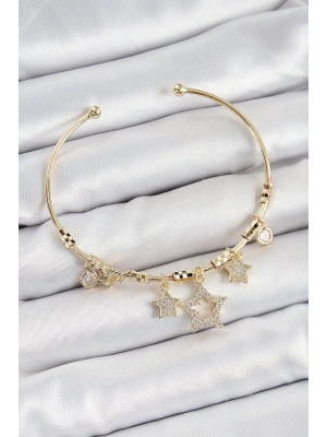® Pirinç Zirkon Taşlı Yıldız Model Gold Renk Charm Bileklik