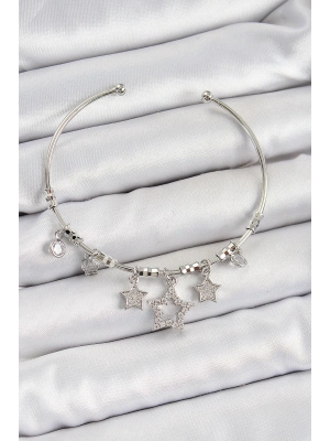 ® Pirinç Zirkon Taşlı Yıldız Model Gümüş Renk Charm Bileklik
