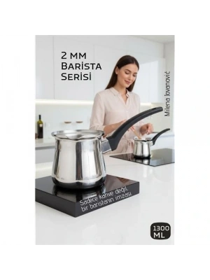 ® Premium 304 Paslanmaz Çelik Cezve 1290 ml Profesyonel Barista Serisi, Isıya Dayanıklı Sap