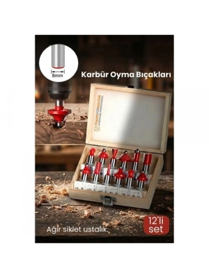 ® Profesyonel 12li Ahşap Freze Ucu Seti 8mm Şaft | Rulmanlı Karbür Oyma Bıçakları Ahşap Kutulu