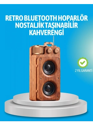 ® Retro Bluetooth Hoparlör Ahşap Görünümlü 5W Çift Stereo Ses