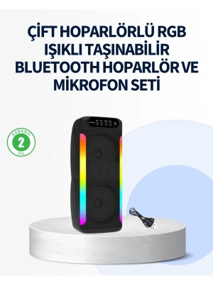 ® RGB Işıklı Çift Hoparlörlü Taşınabilir Bluetooth Speaker ve Mikrofon
