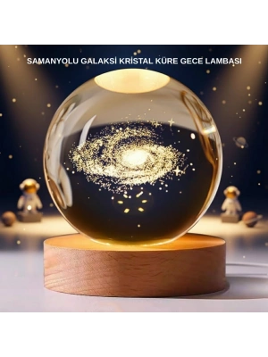 ® Samanyolu Desenli Kristal Küre Ahşap Standlı Gün Işığı LED Masa Lambası