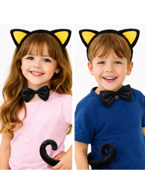 Sarı Kulaklı Kedi Kostüm Seti – Taç Papyon Kuyruk 3 Parça
