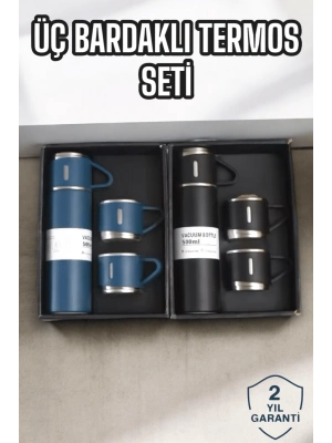 ® Şık ve Dayanıklı 3 Bardaklı Termos Seti Uzun Süre Isı Koruma Özellikli