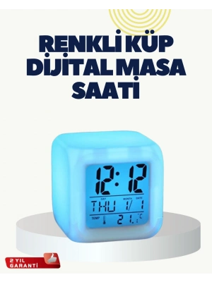 ® Termometre ve Takvim Özellikli 7 Renk Değiştiren Küp Alarm Saati