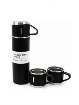 ® Termos Paslanmaz Çelik Termos Siyah Renk 3 Bardaklı Termos Seti
