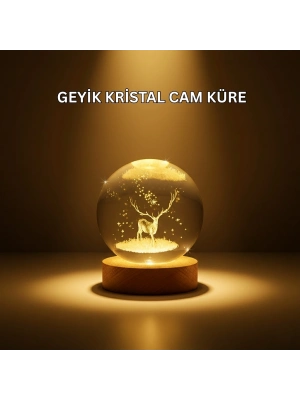 ® USB Bağlantılı Geyik Temalı Kristal Küre Premium Masa Gece Lambası