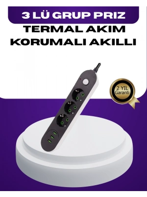 ® USB Yuvalı Anahtarlı Üçlü Priz 2 Metre Kablolu