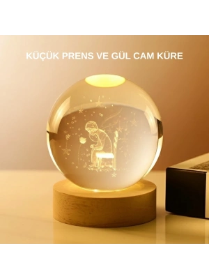 ® USB’li Küçük Prens Işıklı Cam Küre Ahşap Altlıklı Dekoratif Lamba