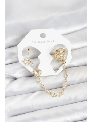 ® Uzay Model Pirinç Gold Renk Zincir Bağlantılı Ear Cuff Küpe Seti