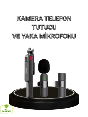 ® Vlog ve Canlı Yayın İçin Çift Yaka Mikrofonu ve Tripodlu Selfie Çubuğu Seti