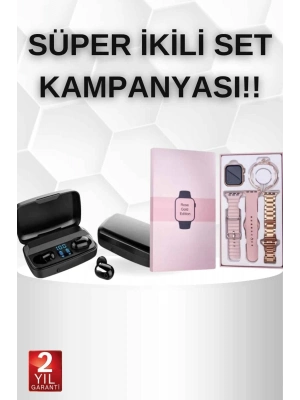 ® Wireless Şarjlı Pembe Akıllı Saat ve Kablosuz Bluetooth Kulaklık Dokunmatik Kontrol