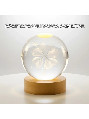 Yonca Figürlü Cam Küre USB Işıklı Ahşap Tabanlı Dekoratif Masa Lambası