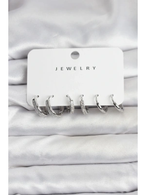 ® Zirkon Taşlı Gümüş Renk Pirinç Kadın Küpe Seti