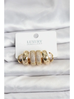 ® Zirkon Taşlı Pirinç Gold Renk Halka Kadın Küpe Seti