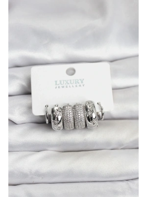 ® Zirkon Taşlı Pirinç Gümüş Renk Halka Kadın Küpe Seti