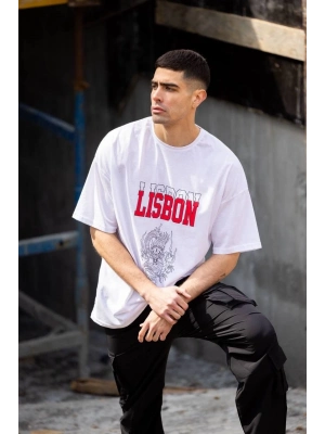 Bisiklet Yaka Baskılı Oversize T-Shirt - Beyaz -