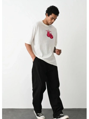 Bisiklet Yaka Baskılı Oversize T-Shirt - Beyaz -