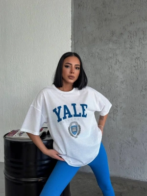 Bisiklet Yaka Baskılı Oversize T-Shirt - Beyaz