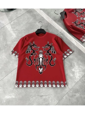 Bisiklet Yaka Baskılı Oversize T-Shirt - Kırmızı -