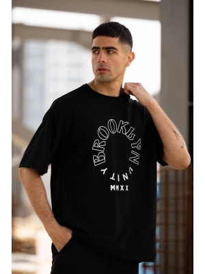 Bisiklet Yaka Baskılı Oversize T-Shirt - Siyah -