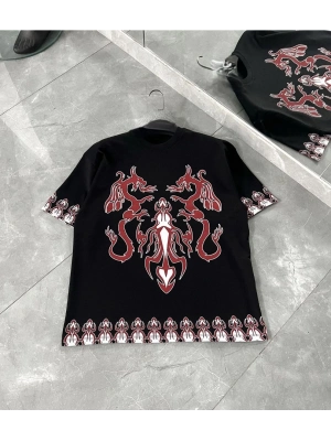 Bisiklet Yaka Baskılı Oversize T-Shirt - Siyah -