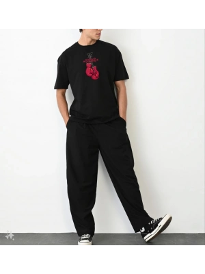 Bisiklet Yaka Baskılı Oversize T-Shirt - Siyah -