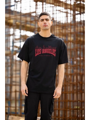 Bisiklet Yaka Baskılı Oversize T-Shirt - Siyah -