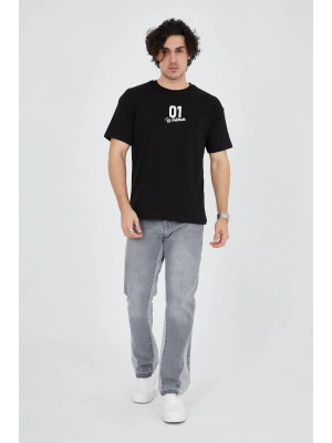 Bisiklet Yakalı Baskılı T-Shirt - Siyah