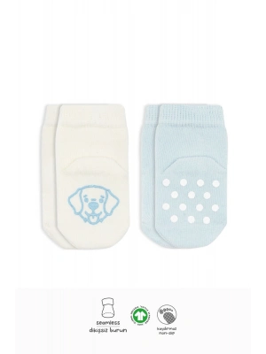 Bistyle 2Li Hayvan Figürlü Kaymaz Soket Çorap 10104 Mavi Ekru