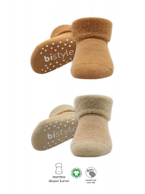 Bistyle Çemberli Kaymaz Havlu Soket Çorap 2Li BS10503 Bej-Hardal