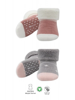Bistyle Puanlı Kaymaz Havlu Soket Çorap 2Li BS10502 Gri Pudra
