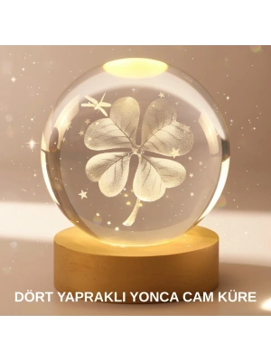 Bitki Temalı LED Işıklı Cam Küre Ahşap Standlı Modern Gece Lambası